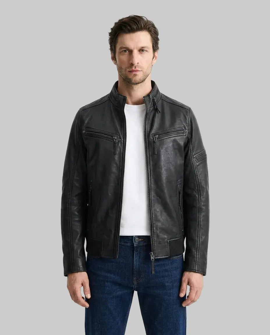 レザージャケット leather collar work jacket L Men's Leather Collar Zip Jacket - leathertex