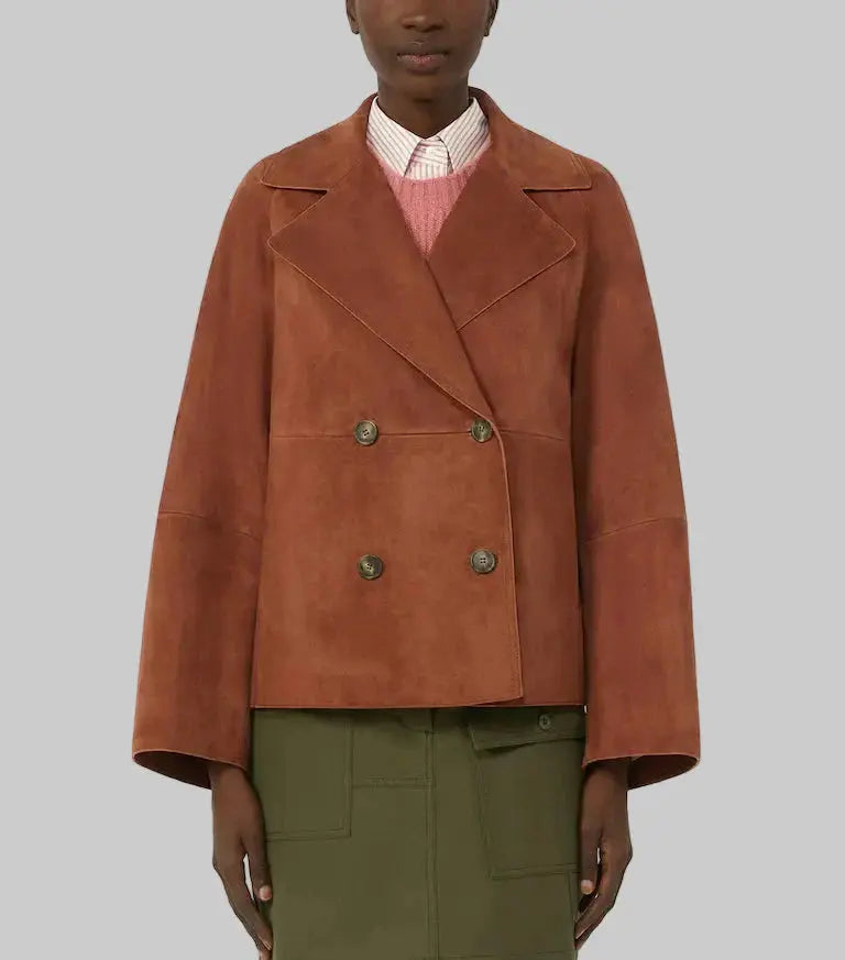 Women's Signature Suede Pea Coat in premium brown suede featuring a double-breasted design, wide lapels, relaxed fit, and elegant contemporary styling