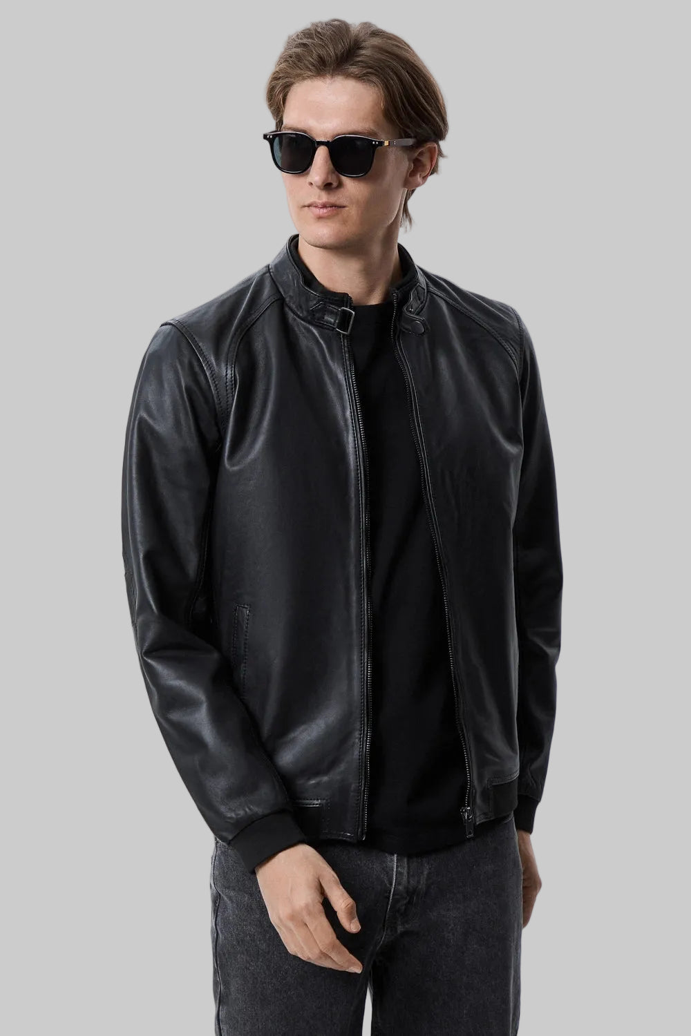 Buckled Collar Leather Bomber leathertex