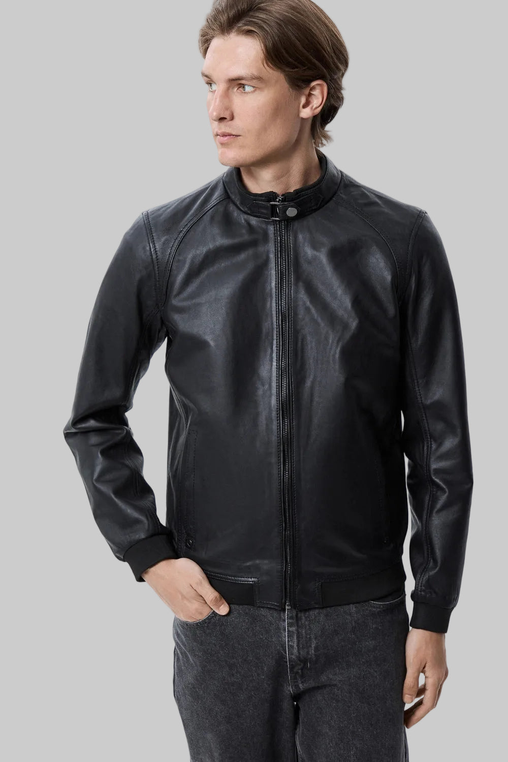 Buckled Collar Leather Bomber leathertex