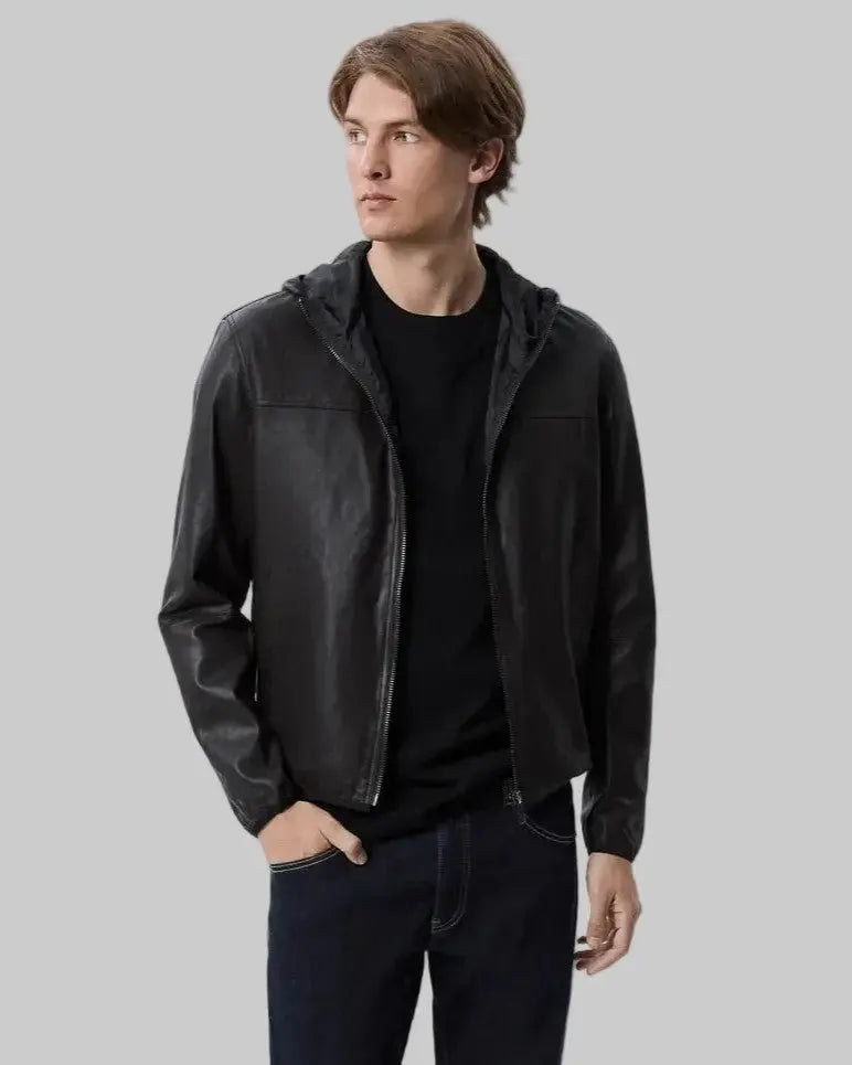 Casual Hooded Leather Jacket leathertex