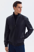 Classic Mock Neck Black Leather Jacket leathertex