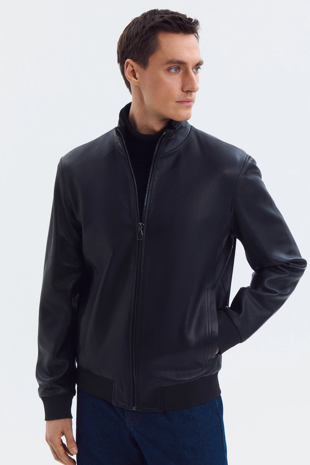 Classic Mock Neck Black Leather Jacket leathertex