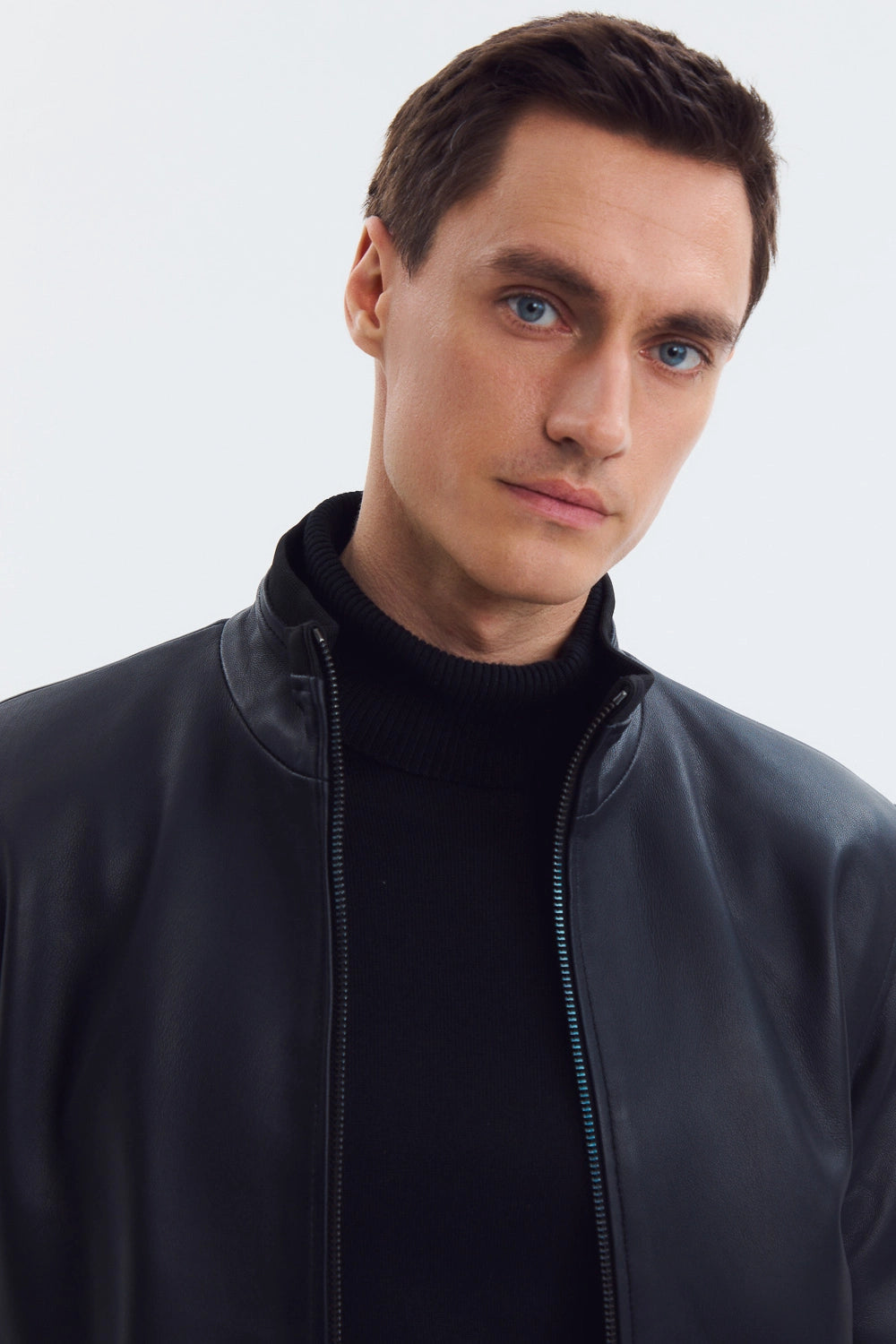 Classic Mock Neck Black Leather Jacket leathertex