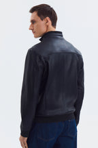 Classic Mock Neck Black Leather Jacket leathertex