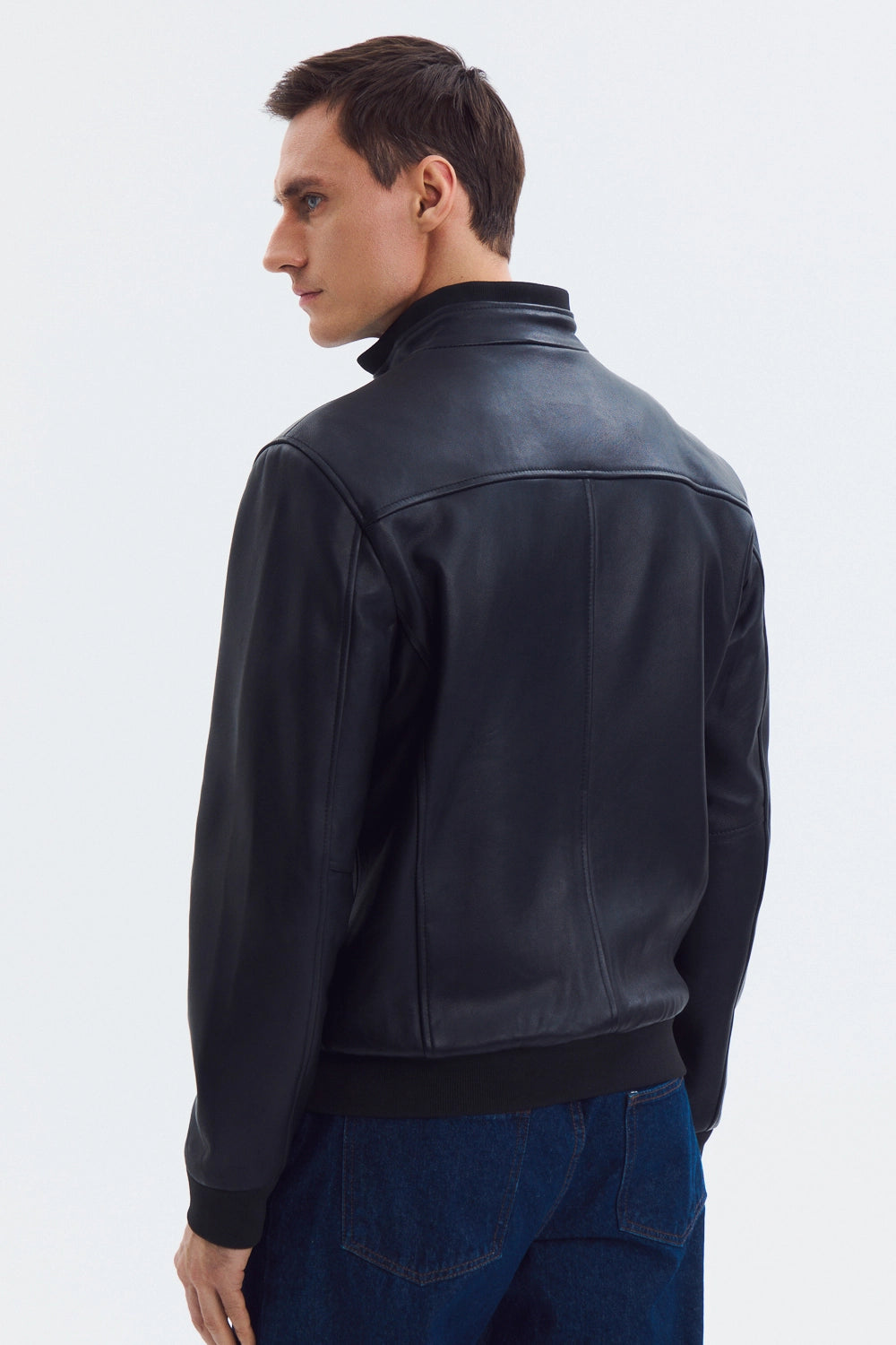 Classic Mock Neck Black Leather Jacket leathertex