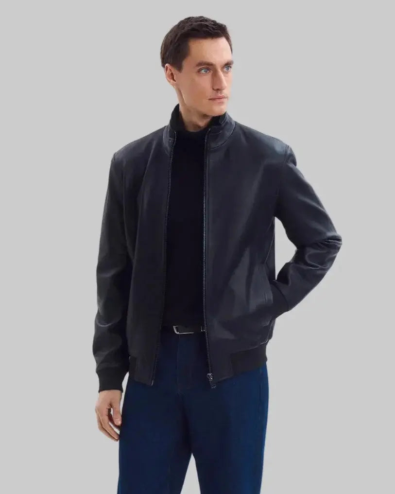 Classic Mock Neck Black Leather Jacket leathertex