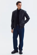 Classic Mock Neck Black Leather Jacket leathertex