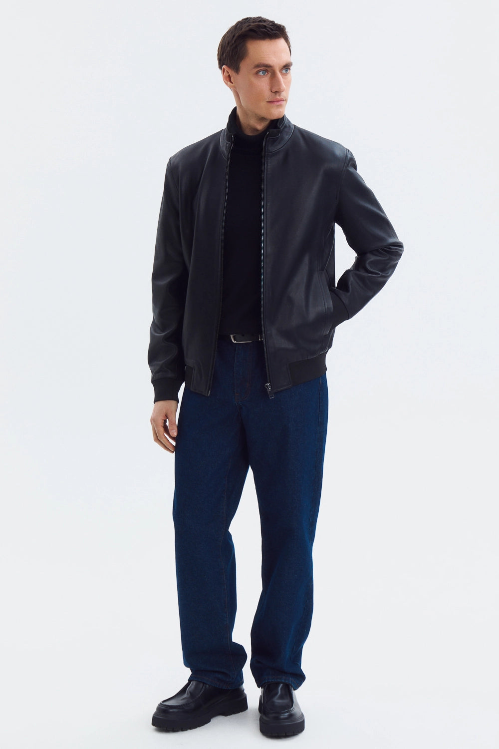 Classic Mock Neck Black Leather Jacket leathertex