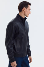 Classic Mock Neck Black Leather Jacket leathertex