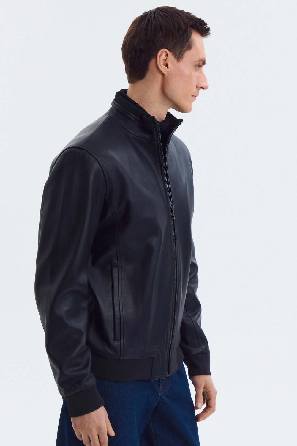 Classic Mock Neck Black Leather Jacket leathertex
