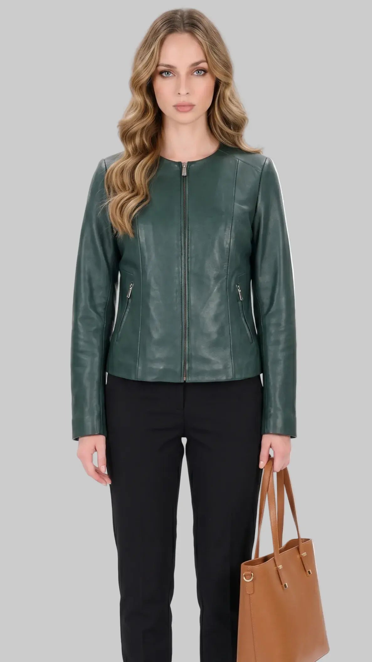 Dark Green Collarless Leather leathertex