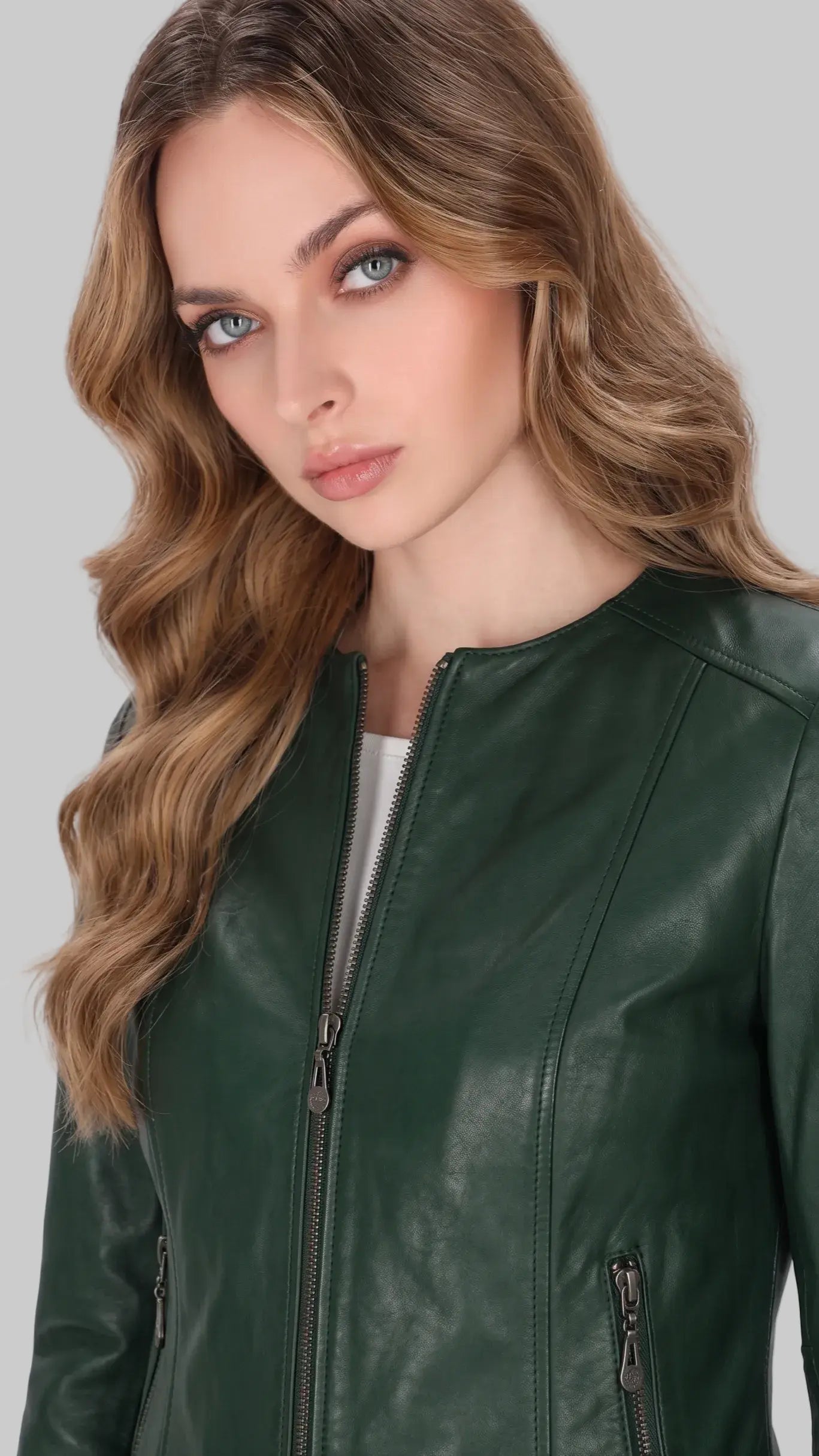 Dark Green Collarless Leather leathertex
