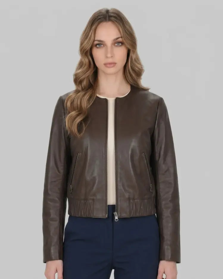 Collarless Leather Bomber - Manoos leathertex