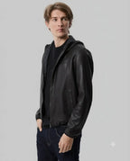 Casual Hooded Leather Jacket leathertex