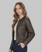 Collarless Leather Bomber - Manoos leathertex