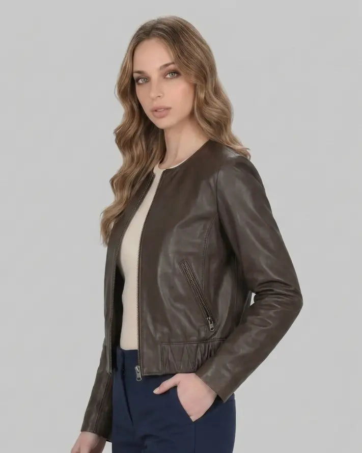 Collarless Leather Bomber - Manoos leathertex