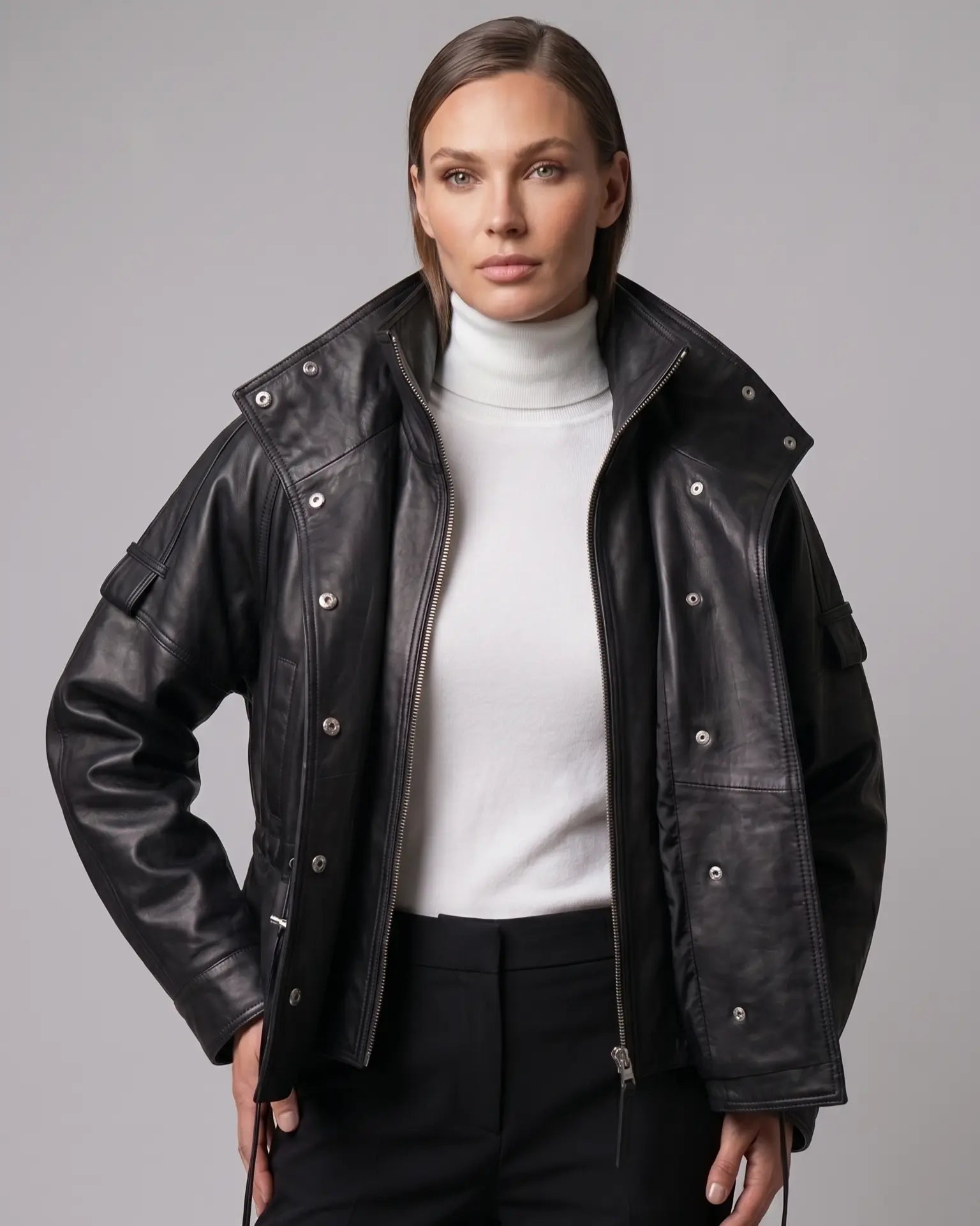 Women's Leather Utility Jacket – Black leathertex