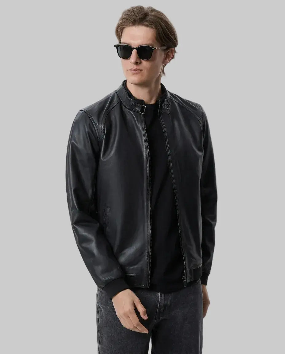Buckled Collar Leather Bomber leathertex
