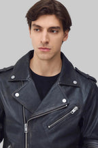 zoom pose Stylish vintage wash leather jacket for mens with biker detailing, premium craftsmanship, and durable leather construction."