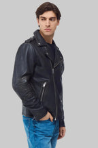 front right side pose Stylish vintage wash leather jacket for mens with biker detailing, premium craftsmanship, and durable leather construction."