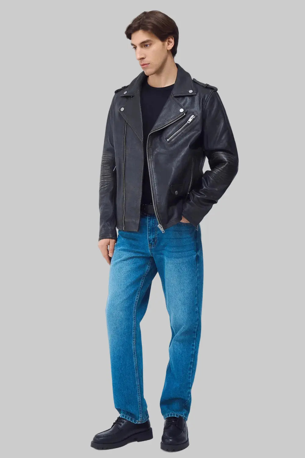 full pose Stylish vintage wash leather jacket for mens with biker detailing, premium craftsmanship, and durable leather construction."