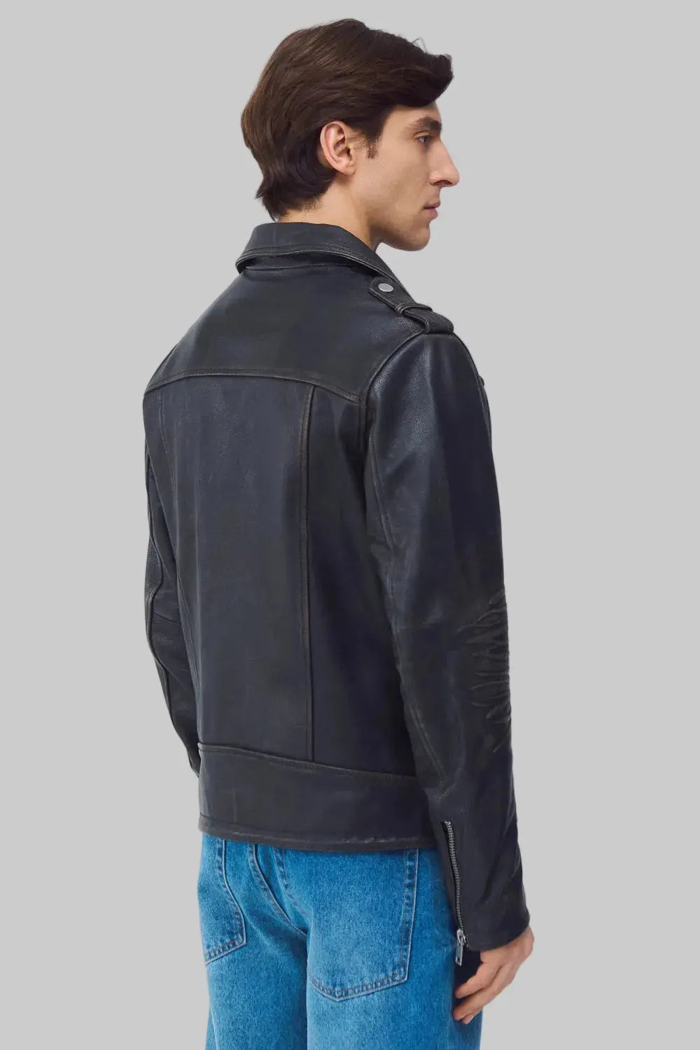 back right pose Stylish vintage wash leather jacket for mens with biker detailing, premium craftsmanship, and durable leather construction."