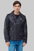 front zoom pose Stylish vintage wash leather jacket for mens with biker detailing, premium craftsmanship, and durable leather construction."