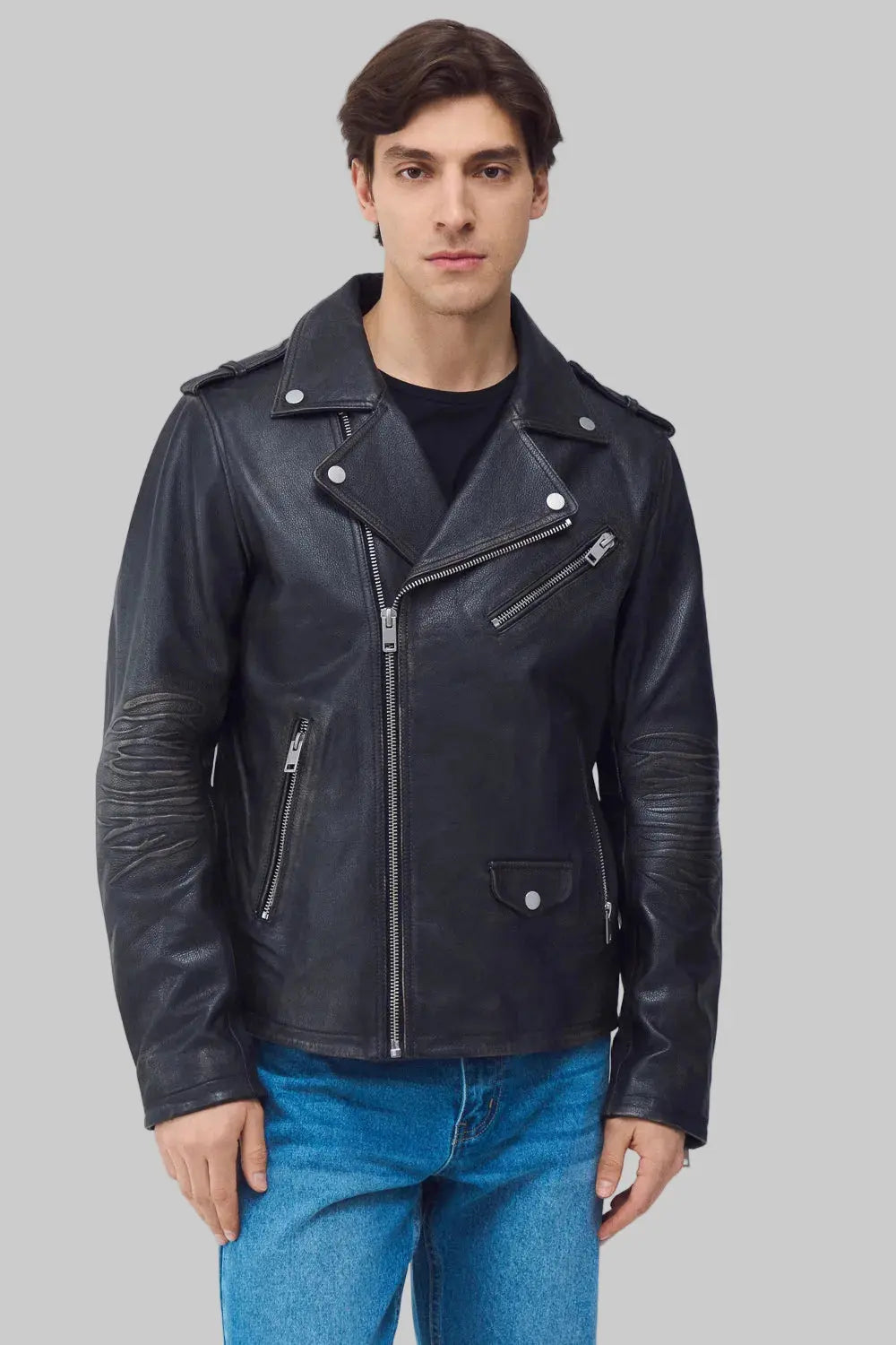 front zoom pose Stylish vintage wash leather jacket for mens with biker detailing, premium craftsmanship, and durable leather construction."