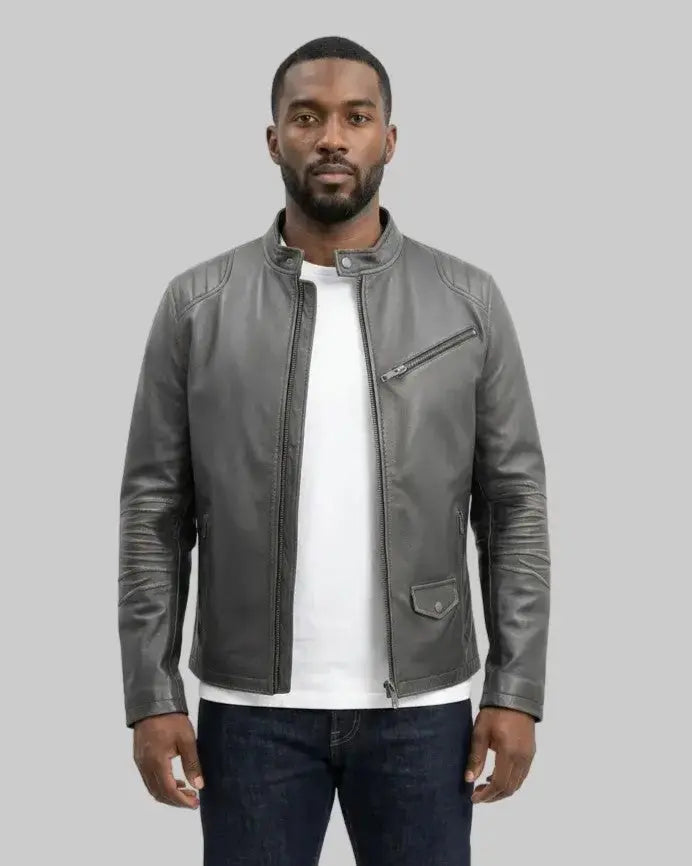 Grey Bomber Leather Jacket leathertex