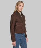 Sheepskin trucker jacket with chest flap pockets