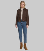 Sheepskin trucker jacket with chest flap pockets