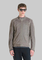 Men's slim fit suede jacket in stone grey featuring premium suede leather, biker-inspired detailing, zip-front closure and modern tailored fit.