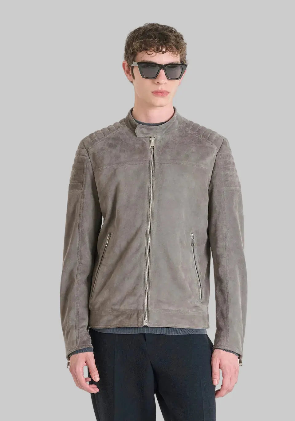 Men's slim fit suede jacket in stone grey featuring premium suede leather, biker-inspired detailing, zip-front closure and modern tailored fit.