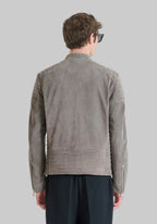 Men's slim fit suede jacket in stone grey featuring premium suede leather, biker-inspired detailing, zip-front closure and modern tailored fit.