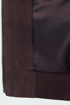 inner lining pose Men wearing Signature Espresso Suede leather jacket in rich brown suede finish with zip-front design, premium craftsmanship and modern casual style