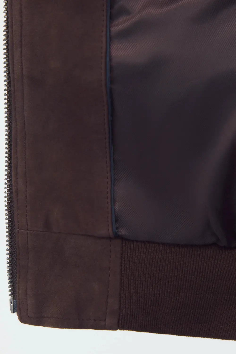 inner lining pose Men wearing Signature Espresso Suede leather jacket in rich brown suede finish with zip-front design, premium craftsmanship and modern casual style