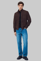 full pose Men wearing Signature Espresso Suede leather jacket in rich brown suede finish with zip-front design, premium craftsmanship and modern casual style