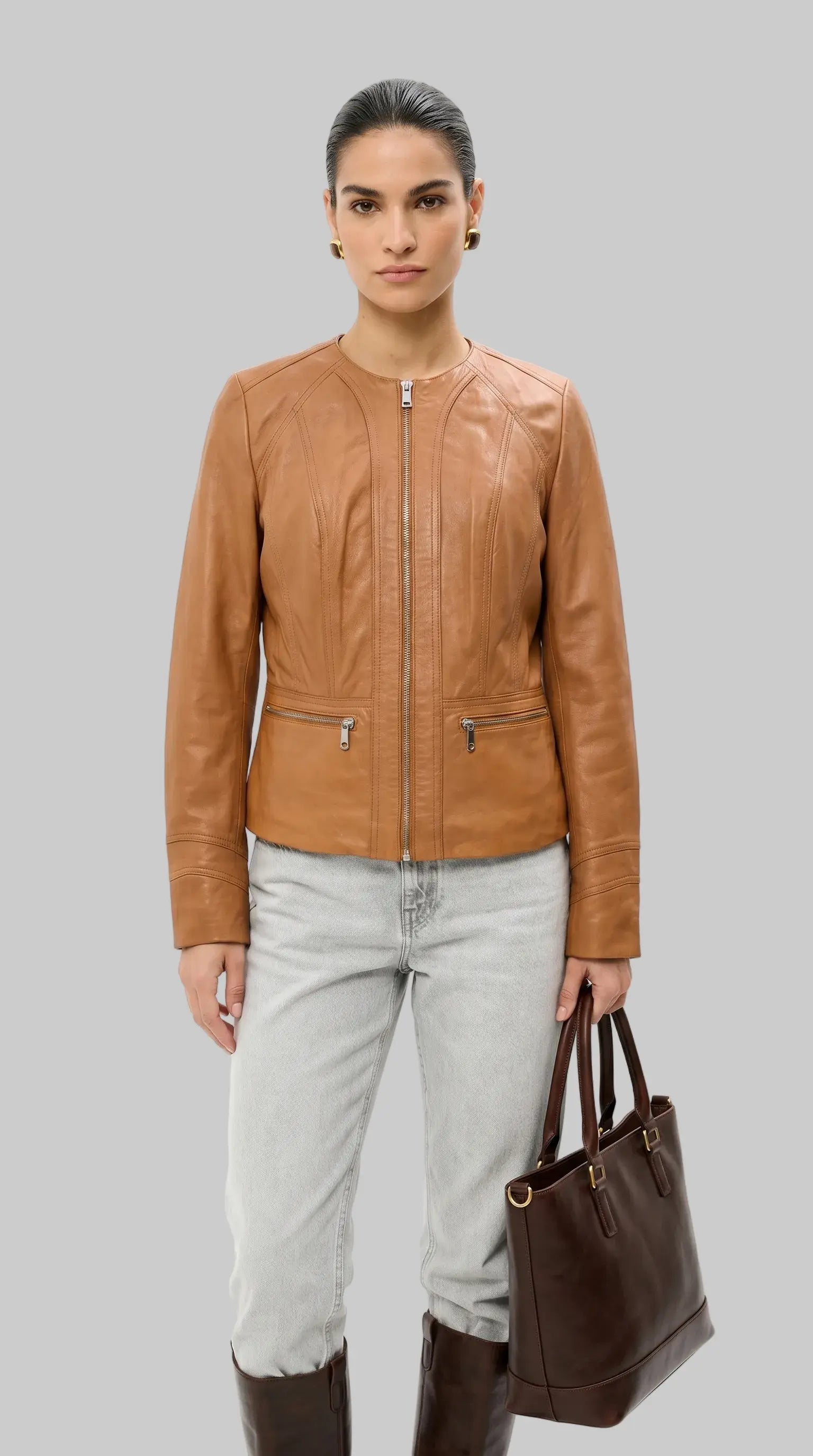 Tan Collarless Leather leathertex