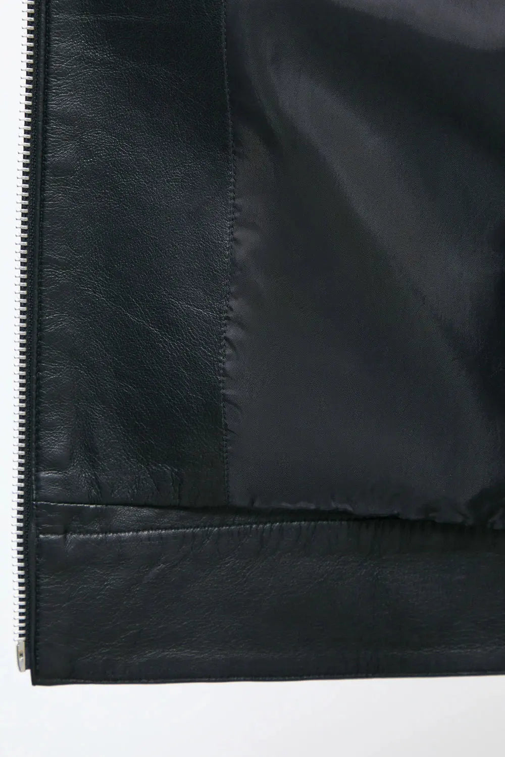 INNER LOOK Men's black leather jacket made from premium full grain leather with front zipper closure, classic collar, and modern minimalist design by LEATHERTEXEU.