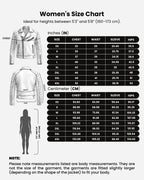 Women's size chart for sizes XS to 4XL in inches and centimeters, showing chest, waist, and sleeve body measurements.