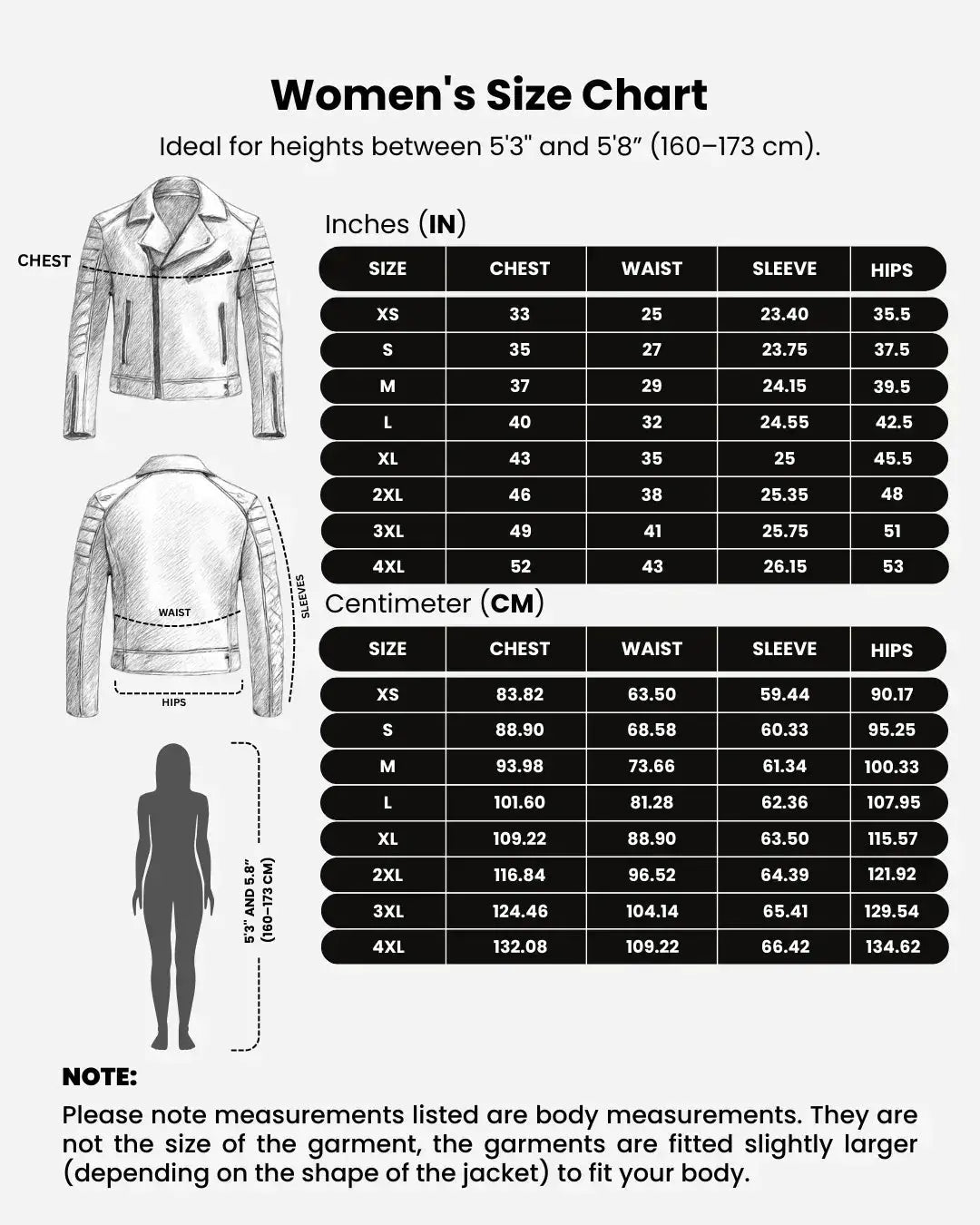 Women's size chart for sizes XS to 4XL in inches and centimeters, showing chest, waist, and sleeve body measurements.