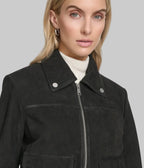 Women's Midnight Suede Jacket in black premium suede featuring a tailored fit, minimalist design, zip-cuff details, and elegant modern styling