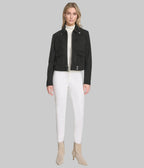 Women's Midnight Suede Jacket in black premium suede featuring a tailored fit, minimalist design, zip-cuff details, and elegant modern styling