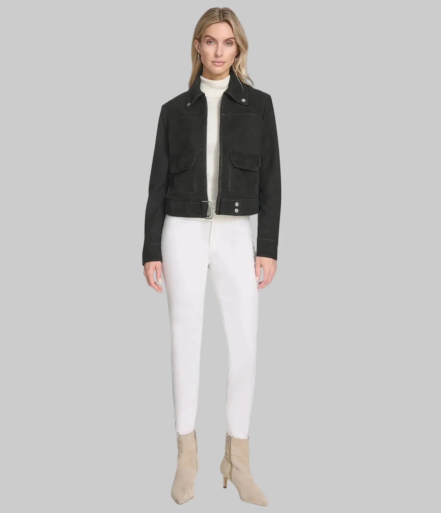 Women's Midnight Suede Jacket in black premium suede featuring a tailored fit, minimalist design, zip-cuff details, and elegant modern styling