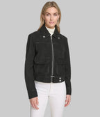 Women's Midnight Suede Jacket in black premium suede featuring a tailored fit, minimalist design, zip-cuff details, and elegant modern styling