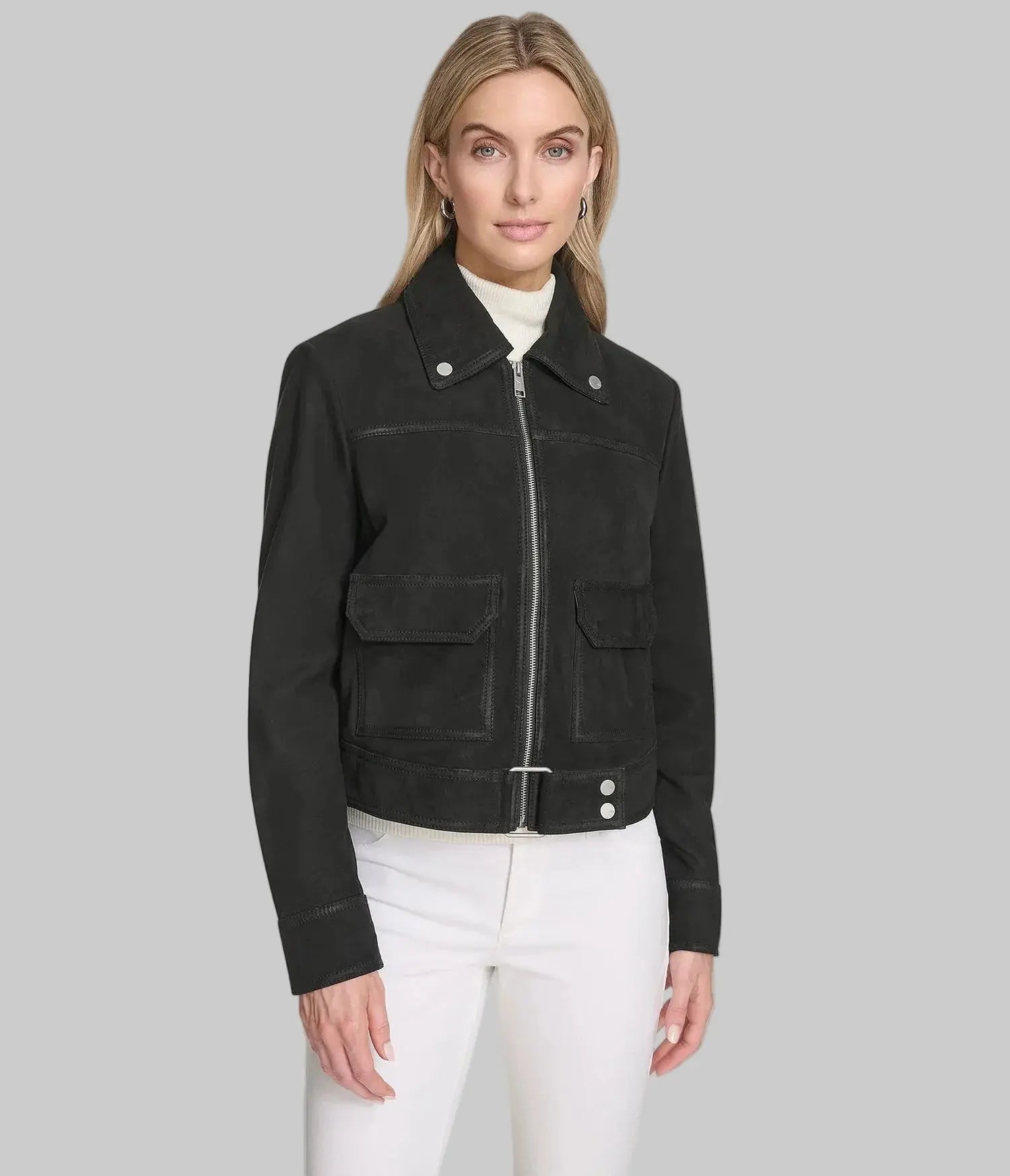 Women's Midnight Suede Jacket in black premium suede featuring a tailored fit, minimalist design, zip-cuff details, and elegant modern styling