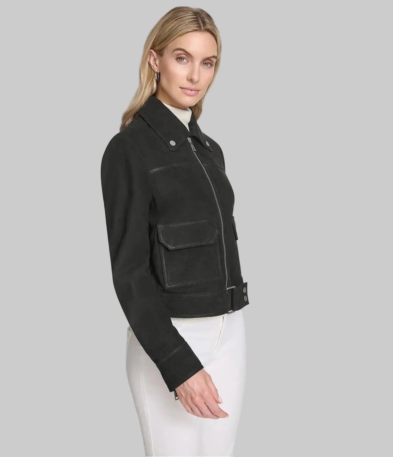 Women's Midnight Suede Jacket in black premium suede featuring a tailored fit, minimalist design, zip-cuff details, and elegant modern styling