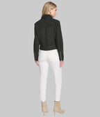 Women's Midnight Suede Jacket in black premium suede featuring a tailored fit, minimalist design, zip-cuff details, and elegant modern styling