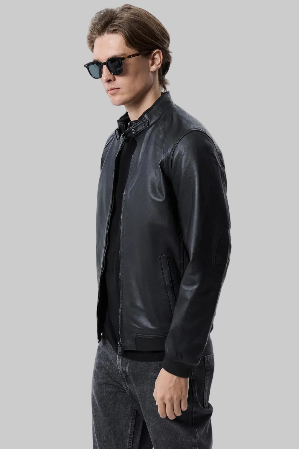 Buckled Collar Leather Bomber leathertex
